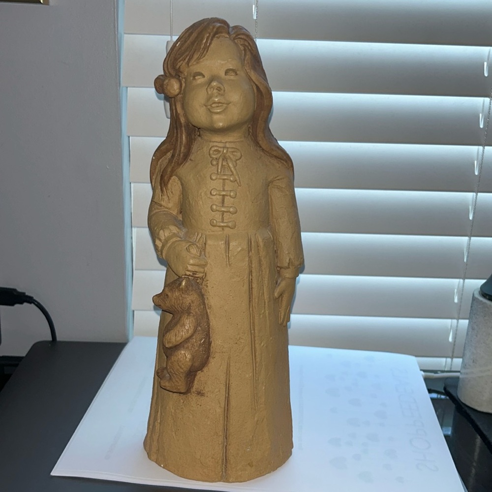 Vintage Signed Lee Bortin‎ Clay Sculpture Girl With Teddy Bear 12" Tall